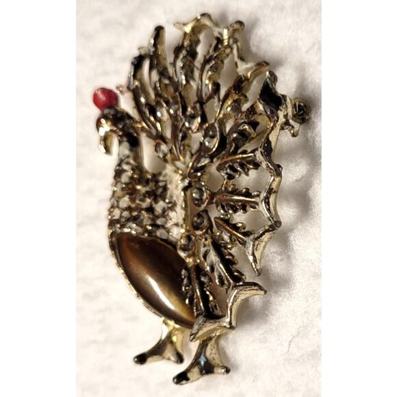 Turkey Brooch Pin 2" Goldtone White Enamel Holiday Thanksgiving Xmas Vintage - Picture 3 of 5